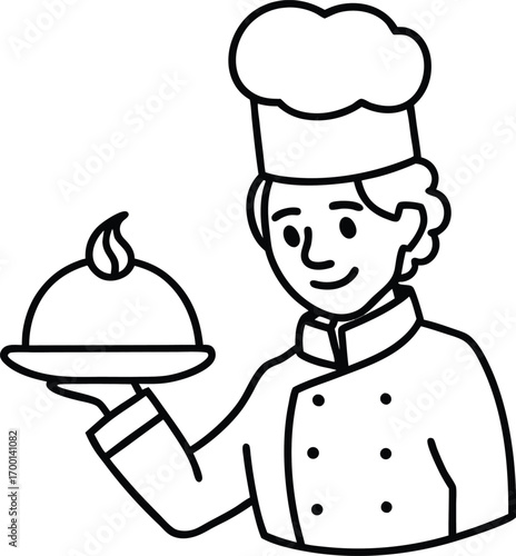 minimalist outline of a chef serving food.