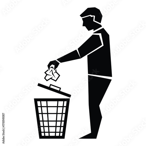 Man disposing of trash into bin symbol for recycling and waste management vector