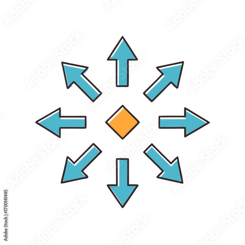 Orange diamond with outward pointing blue arrows