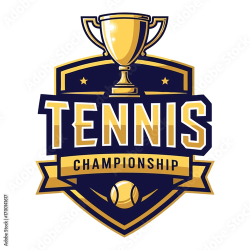 Tennis championship trophy emblem with stars and ball symbolizing victory and competition vector