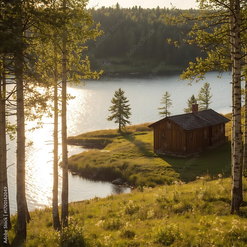 Obraz premium Cozy cabin nestled by a serene lake amidst tall pines