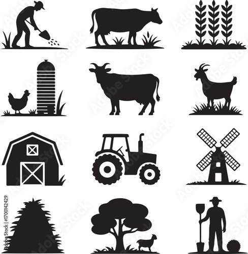 Farm Silhouettes Including Farmer Cow Barn Tractor And Windmill Keywords: farm, farmer, agriculture