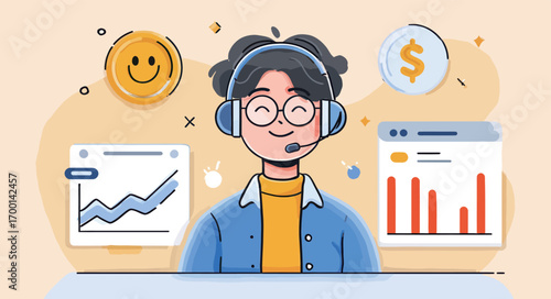 A support representative wearing a headset engages with customers while analyzing charts and financial data.