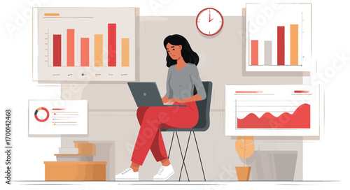A young woman works intently at her laptop in a contemporary office filled with colorful data charts and a clock, highlighting productivity and focus on analytics.