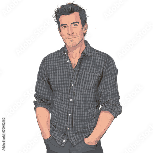 A man stands relaxed with his hands in the pockets of a plaid shirt. He has a confident expression and casual style, exuding a sense of ease and approachability.