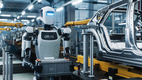 AI-Powered Humanoid Robot Transports Lithium-Ion Battery Modules in a Crate Inside a Modern Car Factory. Automated Production Line Builds Electric Cars in the Background