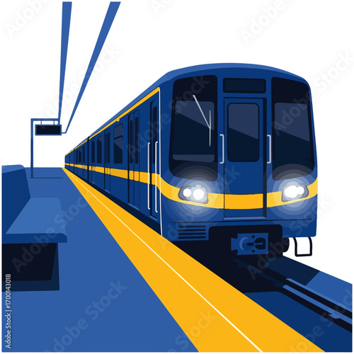Blue and Yellow Train at Station Illustration