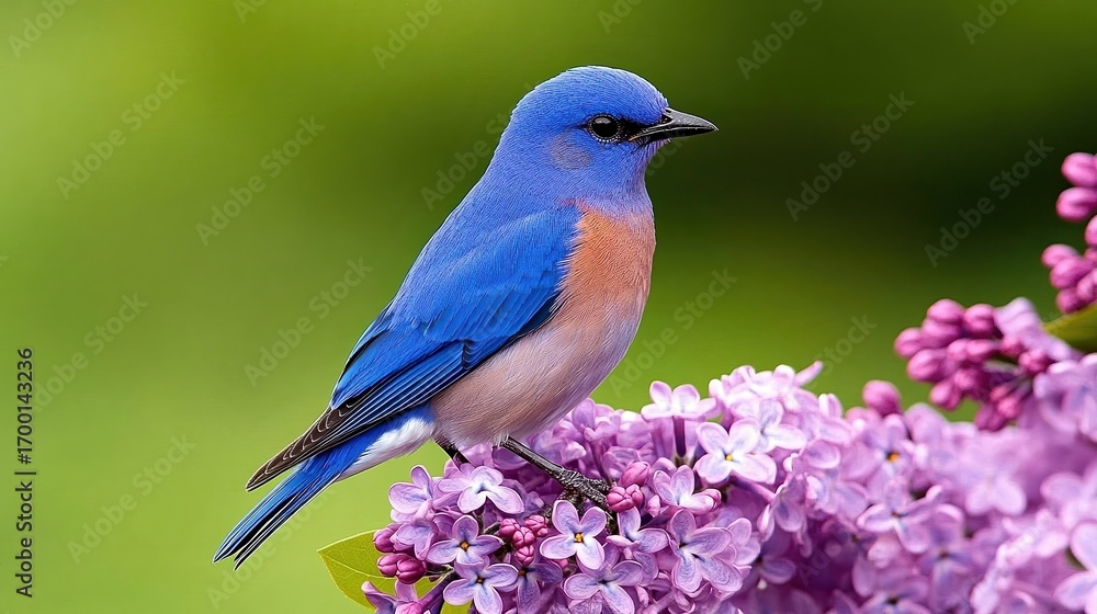 Obraz premium A vibrant bluebird perched on delicate lilac blossoms against a soft green background, ideal for nature-themed projects, spring collections, or wildlife conservation campaigns,