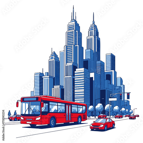 Cityscape With Red Bus and Cars Illustration
