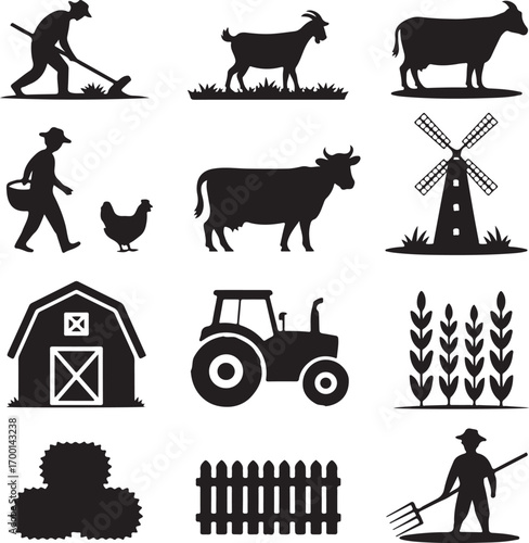 Farm Life Icons and Silhouettes Collection farmer tractor