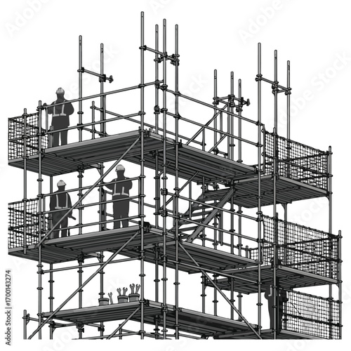 Construction Scaffolding With Workers Vector Illustration