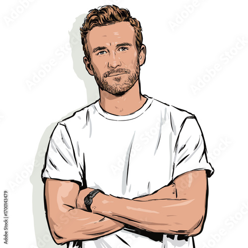 A young man stands confidently with arms crossed, wearing a plain white t-shirt.
