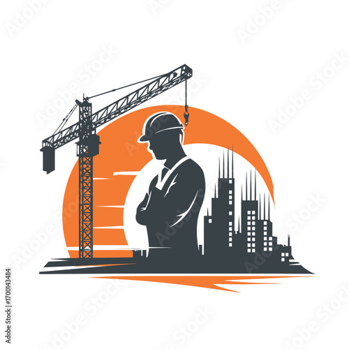 A construction professional stands confidently in front of a towering crane and a city skyline during sunset, symbolizing progress and development in urban areas.