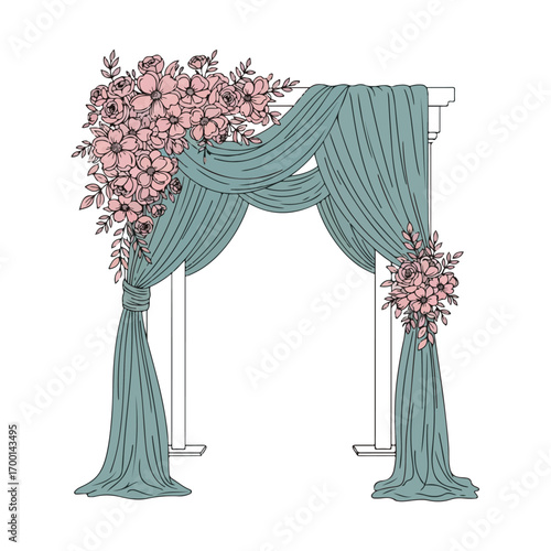 Floral Wedding Arch Illustration With Draping Fabric