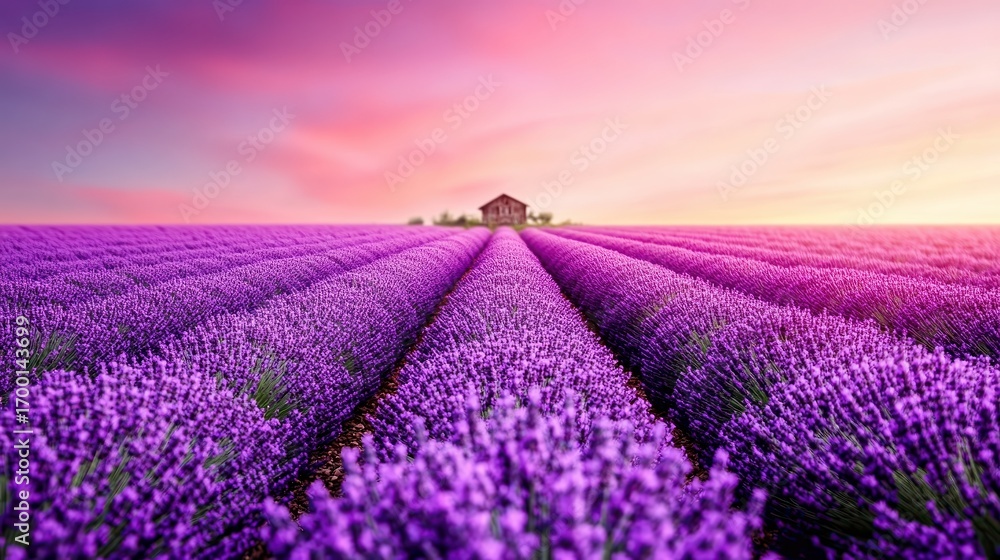 Fototapeta premium A vibrant lavender field stretches to the horizon under a pastel sunset, featuring rows of blooming flowers leading to a rustic house, Ideal for wellness, gardening, or travel-related projects,