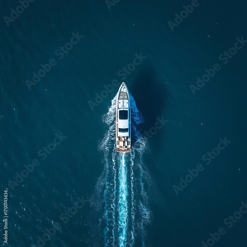 Aerial view of a white speedboat cruising on deep blue water