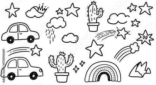 Hand-Drawn Doodle Set with Cars, Stars, Rainbows and Cacti for Creative Projects