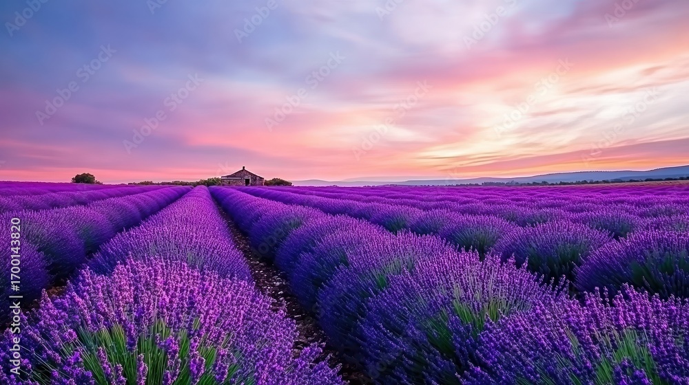 Obraz premium A vibrant lavender field stretches under a colorful sky, featuring rows of blooming flowers leading to a quaint rustic house, This picturesque scene can be used for wellness, nature, or travel themes