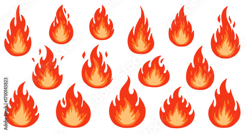Cartoon flames set with diverse shapes and bright colors against white backdrop