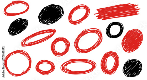 Hand drawn red and black circles and ovals, highlighting elements and marking text