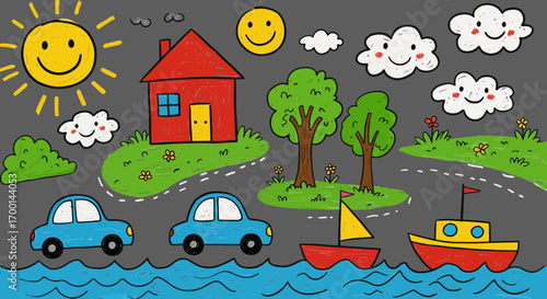 Childlike drawing showcasing a whimsical landscape with cars, boats and happy skies