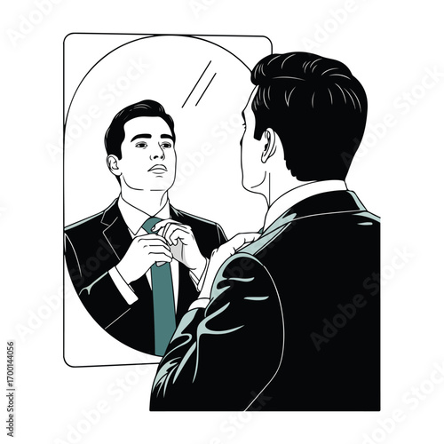 Man in Mirror Adjusting Tie Illustration