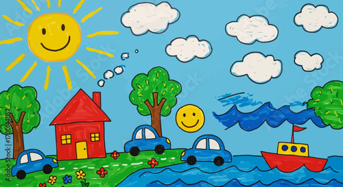 Children's Drawing: A Sunny Day with a House, Cars, Boat, and Natural Elements