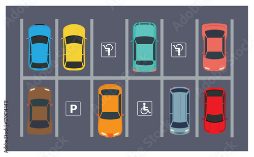 carpark disabled parking lots places car park top view organized aligned vehicles road markings lines accessible zones people disability illustration