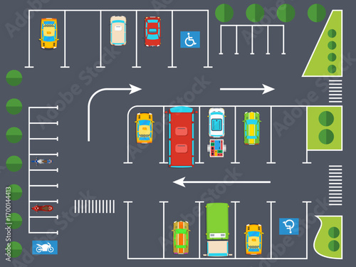 carpark disabled parking lots places car park top view organized aligned vehicles road markings lines accessible zones people disability illustration