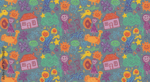 Seamless pattern with child's drawings featuring houses, suns, people and animals