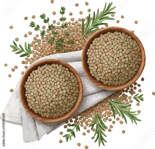 Organic Buckwheat Grains with Wooden Bowls and Herbs