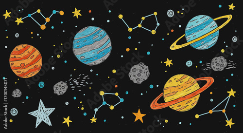 Hand Drawn Space Elements: Planets, Constellations and Stars in a Dark Background