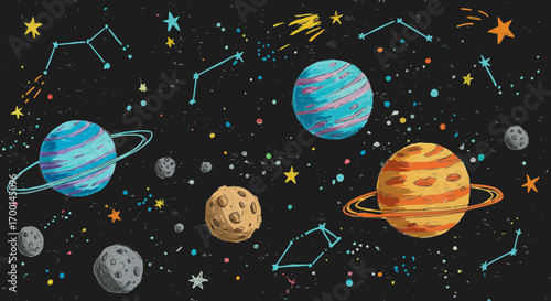 Whimsical space scene with planets, stars, constellations, and cosmic elements
