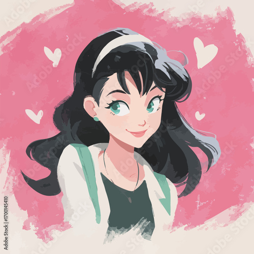 A cheerful animated girl with long black hair and bright green eyes smiles warmly. She wears a white jacket over a dark top, framed by pink hearts in the background.