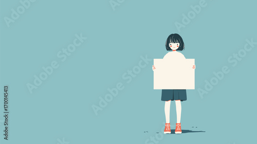 A young girl stands in a simple blue setting, holding a blank sign with an eager expression, inviting ideas and creativity. The scene captures youthful potential and imagination.