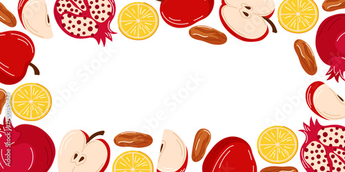 Border frame for Jewish holiday with apple, pomegranate, lemon dates on white background in flat style.