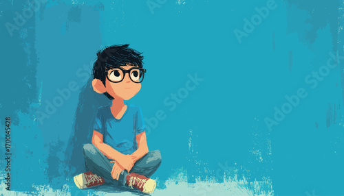 A young boy with black hair and glasses sits cross-legged on the floor, gazing thoughtfully at the vibrant blue wall behind him. He appears contemplative and calm.