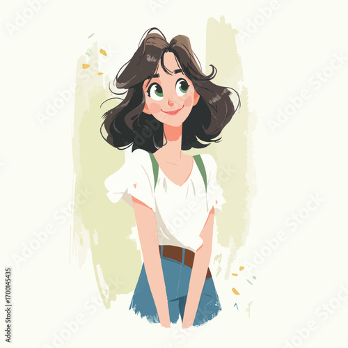 A cheerful young woman with wavy hair smiles softly while wearing a simple white shirt and denim shorts. She looks friendly and approachable, exuding warmth.