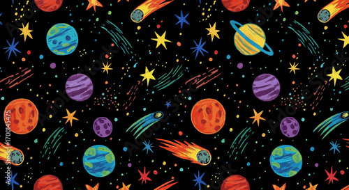 Seamless space pattern with planets, stars and comets on a black background