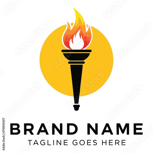 Fiery torch icon with yellow circle and text placeholder for branding vector