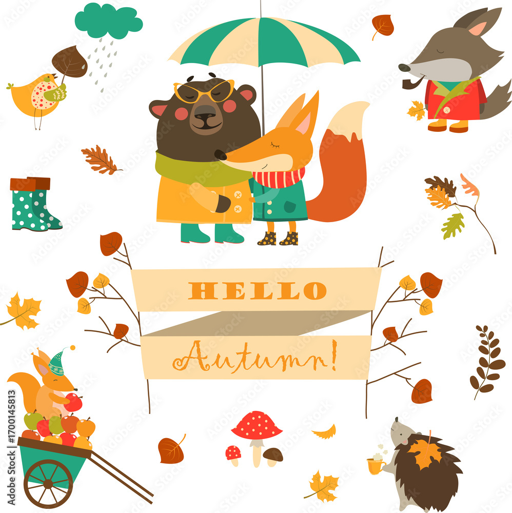 Fototapeta premium Cartoon characters and autumn elements. Vector collection