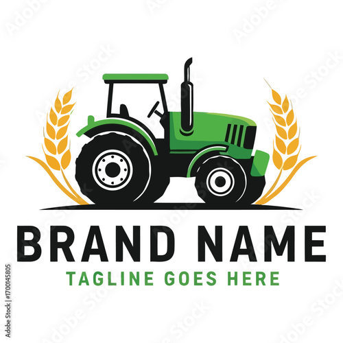 Green tractor agricultural logo design with wheat stalks and brand name placeholder vector
