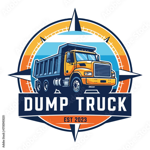 Heavy duty yellow dump truck emblem with compass rose and "dump truck est 2023" vector