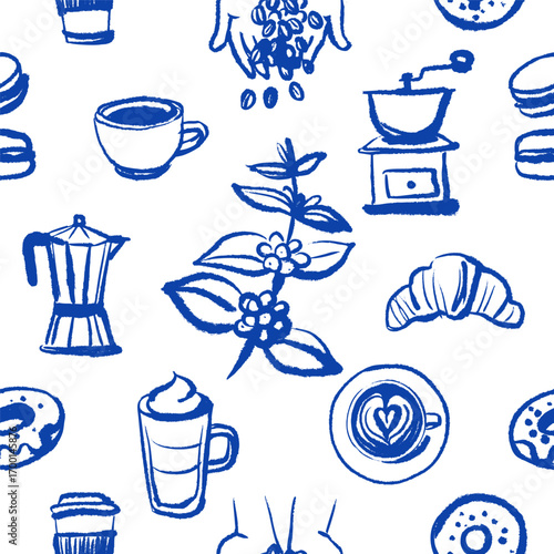 Sketch coffee and bakery seamless pattern. Hand drawn whimsical isolated vector illustration.