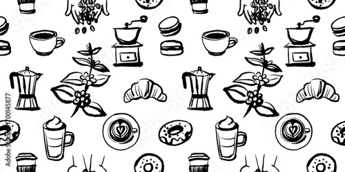 Sketch coffee and bakery seamless pattern. Hand drawn whimsical isolated vector illustration.