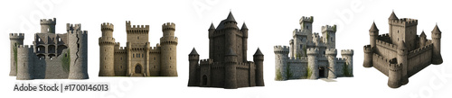 Castle set including various architectural styles, intact, and ruined fortresses isolated. Medieval architecture collection.