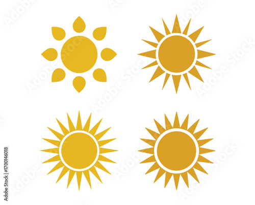Collection of Various Stylized Sun Illustrations in Golden Yellow Tones