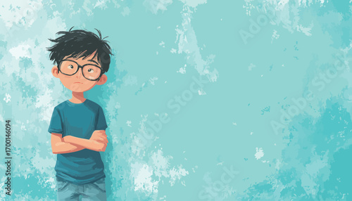 A young boy with glasses stands with his arms crossed, gazing thoughtfully against a bright blue background. His expression reflects curiosity and introspection.