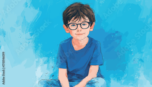 A young boy with brown hair and glasses sits on the floor, wearing a blue shirt and jeans. He smiles cheerfully, creating a lively and vibrant atmosphere.