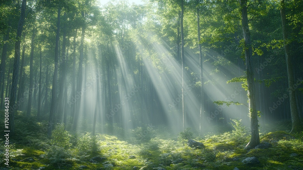 Obraz premium Sunlight streams through a misty forest